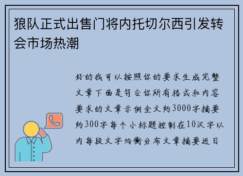 狼队正式出售门将内托切尔西引发转会市场热潮